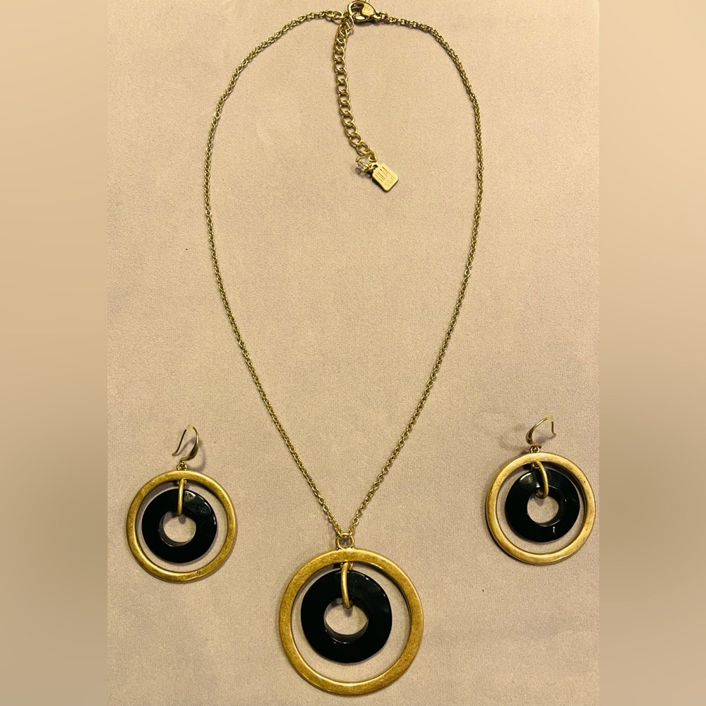 RLM SOHO Brass and Black Simply Classic Jewelry Set. Necklace 10”. Earrings 2”